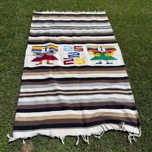 Large Vintage Hand Woven Mexico Aztec Warrior Wall Tapestry Rug 78x48"